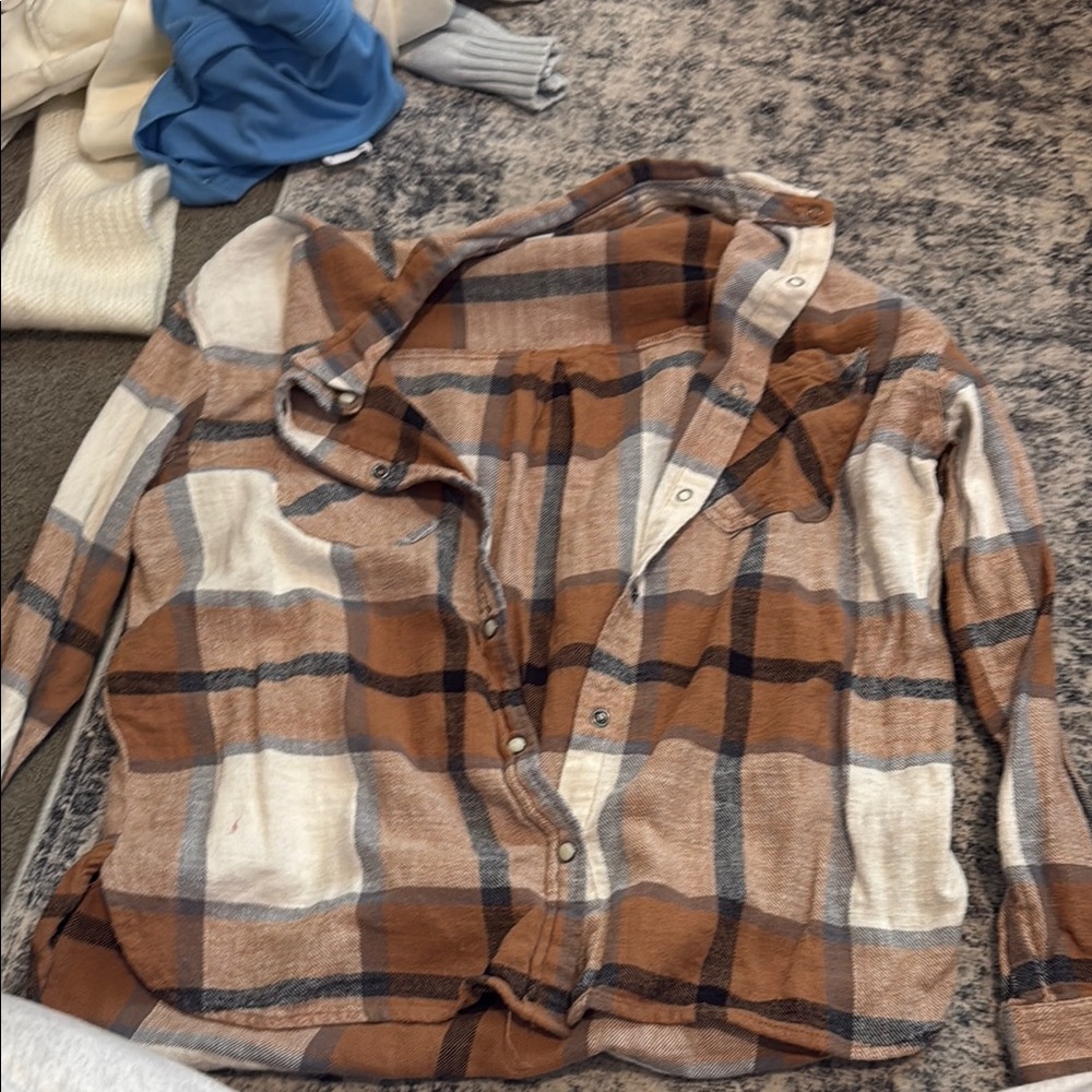 Brown and White Plaid Button-Up Shirt